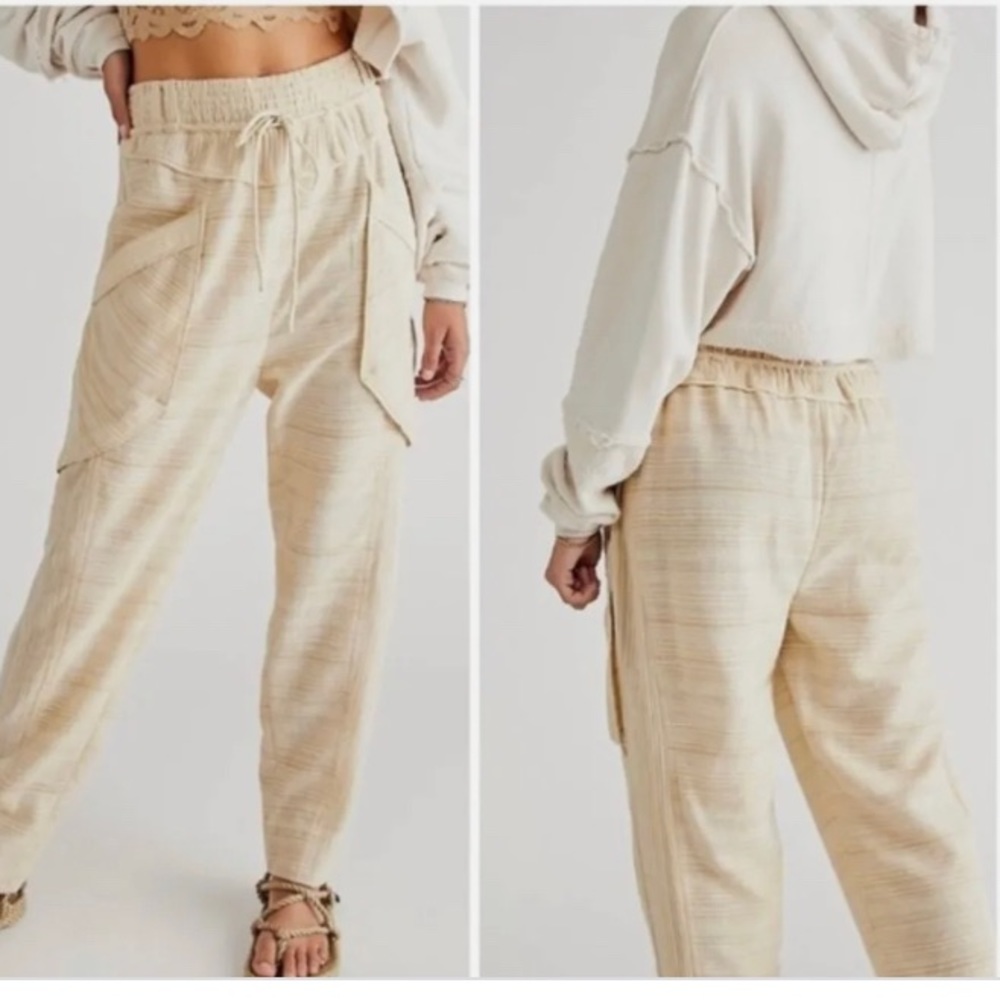 Free People Sweet Escape Yellow Beige Striped Tapered High Rise Pants Size XS